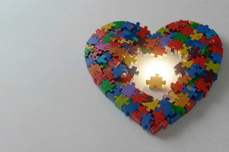 A heart of puzzles with a shining missing piece. Space for textの素材