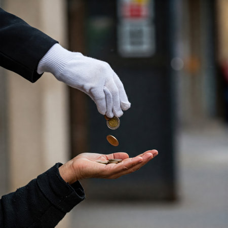 A gloved hand throws coins into the palm of a person in needの素材