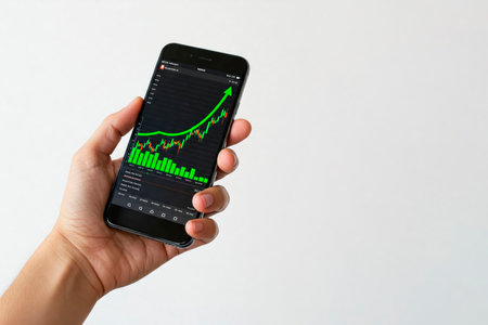 Smartphone in hand with growth graph on screen. Space for textの素材