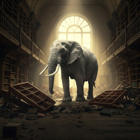 An elephant stands in a ruined library against the background of light from the windowの素材