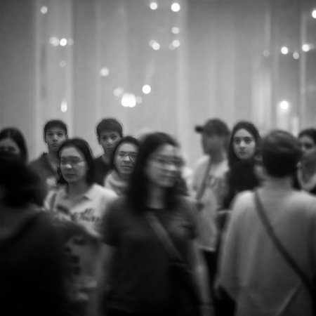 Blurred silhouettes of people in the flow of the city crowdの素材