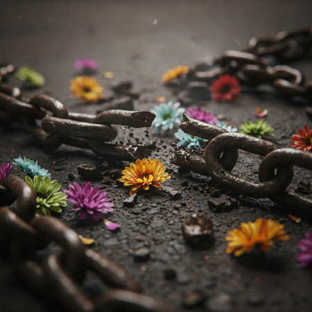 Broken chains on the ground among blooming bright flowersの素材