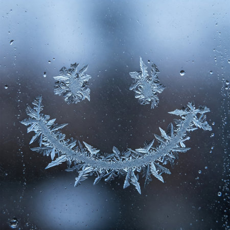 A smiling face made of frost on a frosty windowの素材