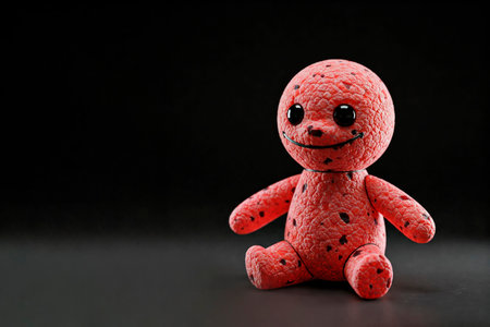 A cute red character with texture and a wide smile. Space for textの素材