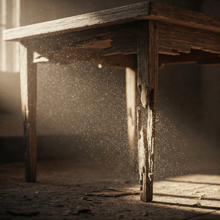 Crumbling wooden table and dust in the sunbeamの素材