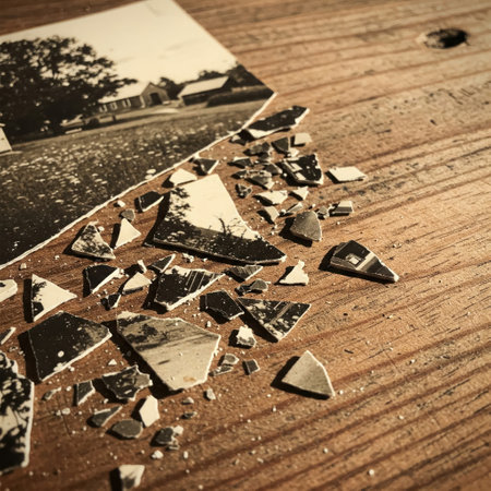 A broken photo on a wooden tableの素材