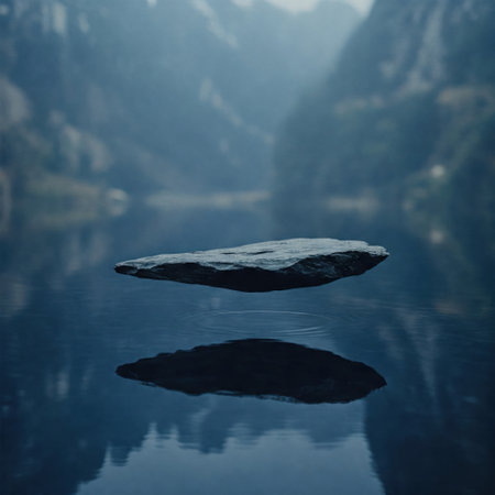 The stone hung in the air above the smooth waterの素材
