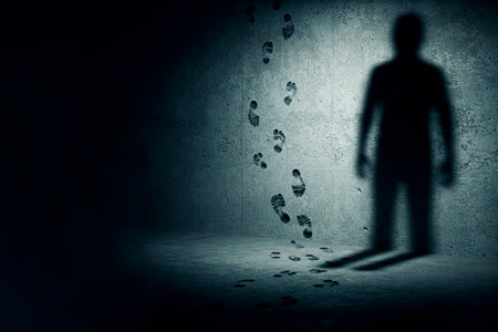 Shadow and strange footprints on the wall. Space for textの素材