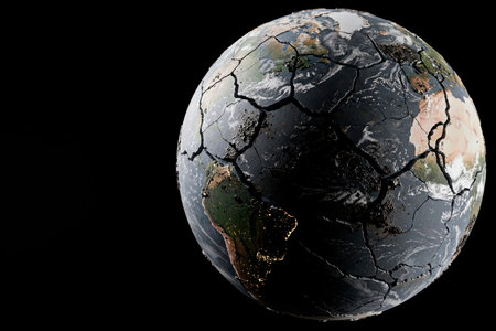 Planet Earth, covered with cracks and split into pieces. Space for textの素材