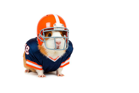 Guinea pig in a football uniform and helmet. Space for textの素材
