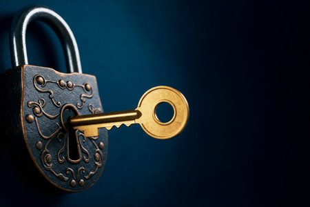 The golden key is inserted into a decorative vintage lock. Space for textの素材