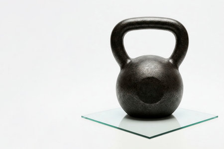 Kettlebell on a glass platform on a white background. Space for textの素材