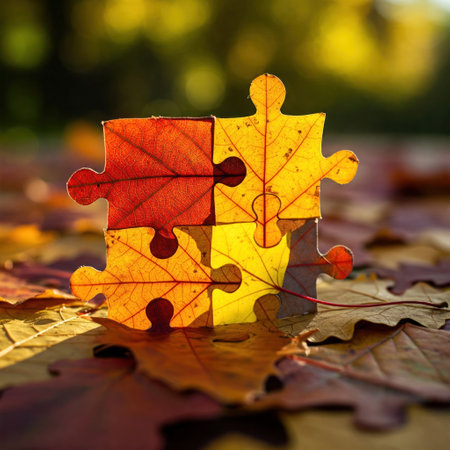 Autumn leaves assembled in the shape of a puzzleの素材