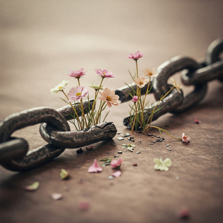 Flowers sprouting through a broken metal chainの素材