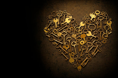 A heart of antique keys on a dark background. Space for textの素材