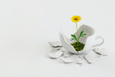 A flower sprouting through a broken cup. Space for textの素材