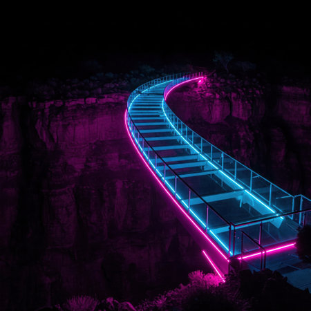 A glowing glass bridge over an abyss in the dark. Space for textの素材