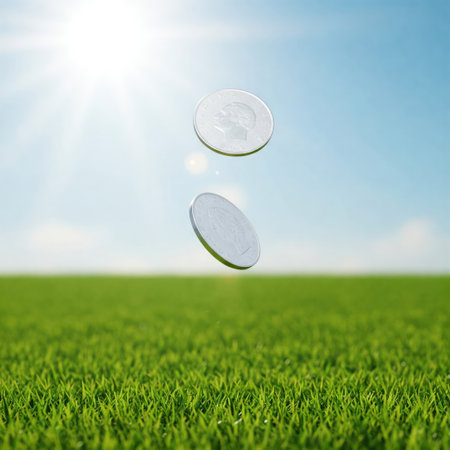 Two coins hovered in the air against the background of green grassの素材