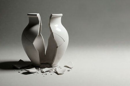A broken white vase on a gray background in a minimalist style. Space for textの素材