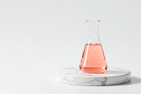 Flask with pink liquid on a marble stand. Space for textの素材