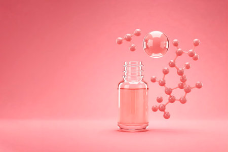 A glass vial with molecules on a pink background. Space for textの素材