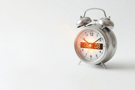 Alarm clock with digital and analog dial on a light background. Space for textの素材