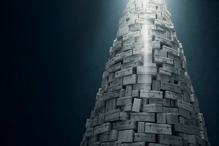 A tower of suitcases on a dark background. Space for textの素材