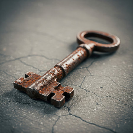 An old rusty key lying on a gray surfaceの素材