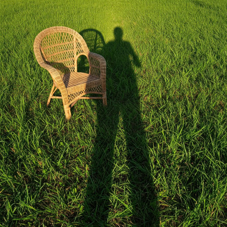 A wicker chair on the grass and a long shadow of a manの素材
