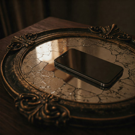 A modern smartphone is lying on a cracked antique mirrorの素材