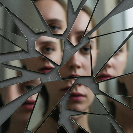 The girl's face is reflected in a broken mirrorの素材