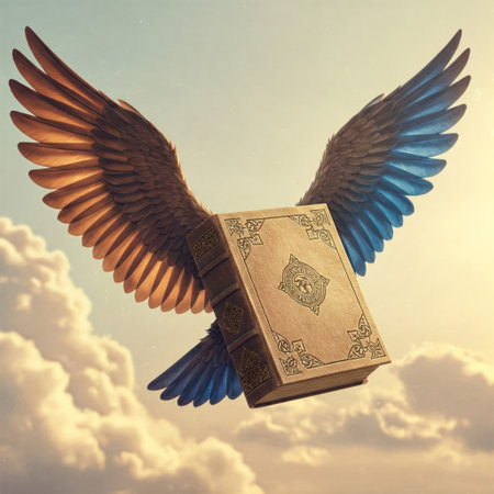 A flying book with wings against the background of the sky and cloudsの素材