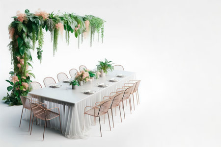 A served festive table with green flowers. Space for textの素材