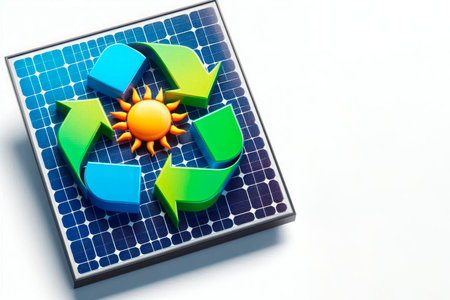 Ecological energy: recycling and solar panels. Space for textの素材