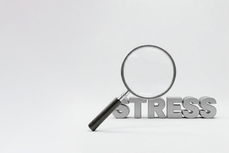 Magnifying glass examines the text stress on a white background. Space for textの素材