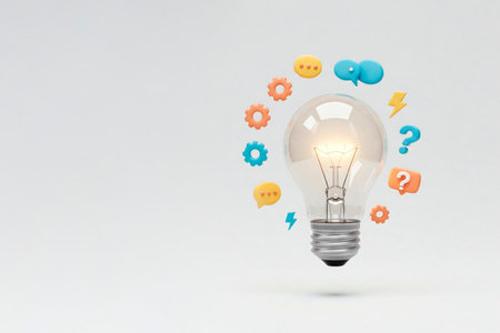 Glowing light bulb with idea icons on a clean background. Space for textの素材