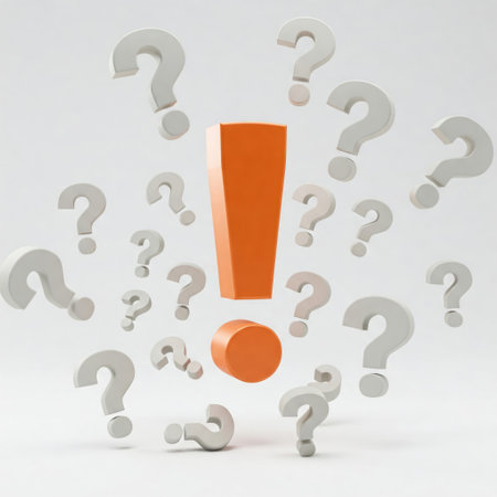 An exclamation mark among the question marks on a light backgroundの素材