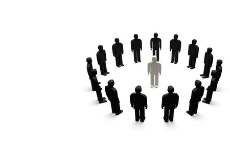 The white figure is surrounded by black pieces. Space for textの素材