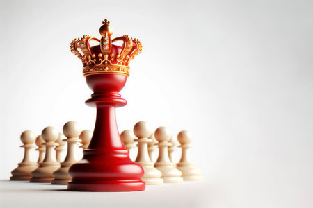 A red chess piece with a crown among white pawns. Space for textの素材