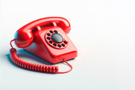 A red retro phone with a rotary dialer. Space for textの素材