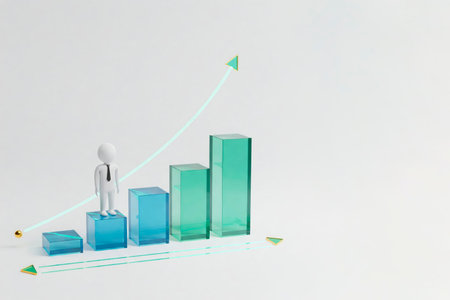 A character on a step-by-step graph of business growth. Space for textの素材