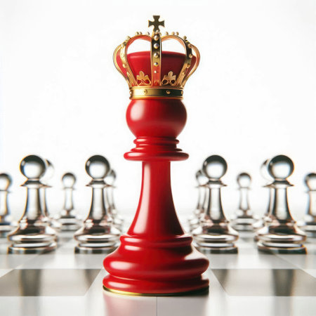 A red chess piece with a crown among silver pawnsの素材