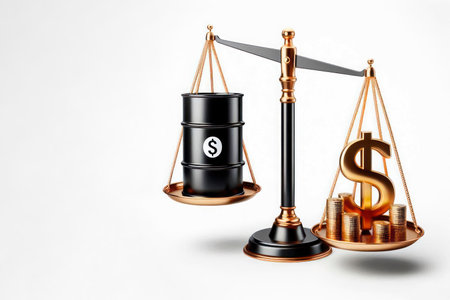 Scales with a barrel of oil and a dollar symbol. Space for textの素材
