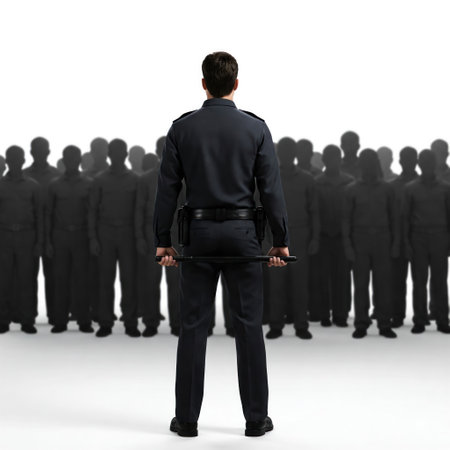 A warden with a baton in front of a crowd of silhouettesの素材