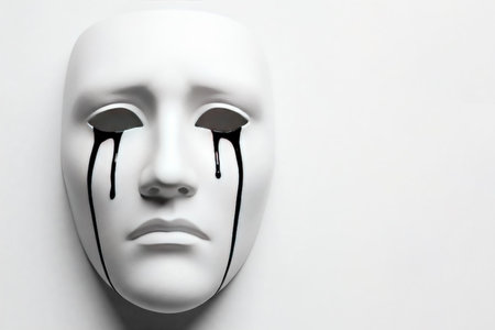White theatrical mask with black tears on a light background. Space for textの素材