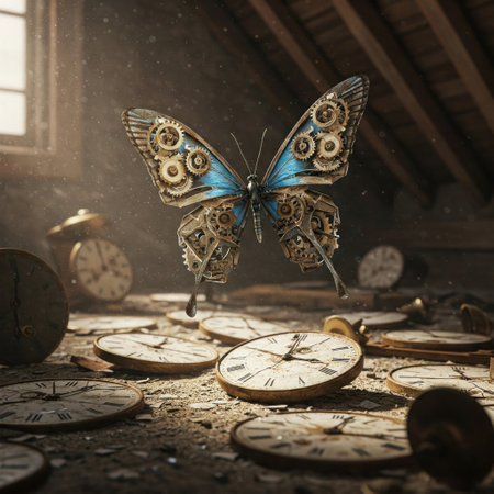 A mechanical butterfly flies over the dials in a dusty atticの素材