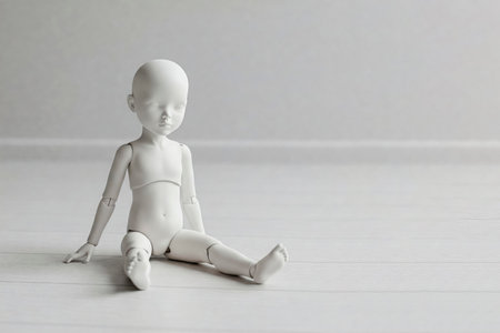 White articulated doll sitting on a light floor. Space for textの素材
