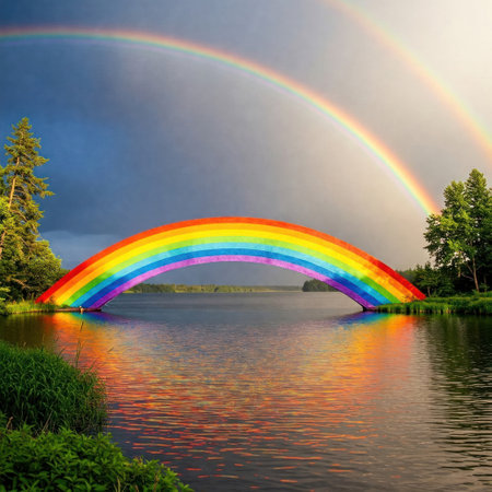 Rainbow bridge over the river and double rainbow in the skyの素材