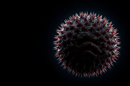 A dark spherical object with sharp red spikes. Space for textの素材