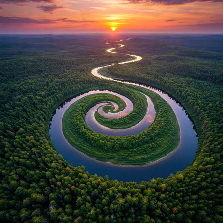 The river is in the form of a spiral against the background of the sunsetの素材